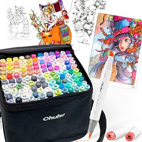 豪華 Ohuhu マーカーペン 1色 筆タイプ 筆先 ふでタイプ ブレンダーペン付き イラストマーカー 筆 太字 鮮やか 手帳 イラスト 色塗り 塗る 公式限定新作 送料無料
