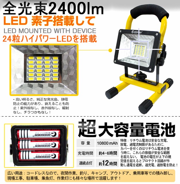 LED 投光器 充電式 24W 携帯式 防災 広角