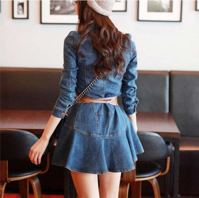 デニムワンピース  ミニワンピース シャツワンピース ミニ丈 ショート丈 ひざ上丈 スタンドカラー 長袖 フレア ベルト付き ウエストマー