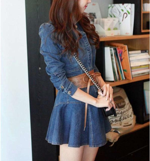 デニムワンピース  ミニワンピース シャツワンピース ミニ丈 ショート丈 ひざ上丈 スタンドカラー 長袖 フレア ベルト付き ウエストマー