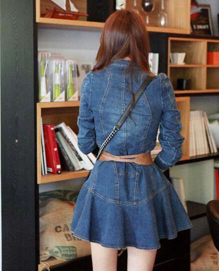 デニムワンピース  ミニワンピース シャツワンピース ミニ丈 ショート丈 ひざ上丈 スタンドカラー 長袖 フレア ベルト付き ウエストマー