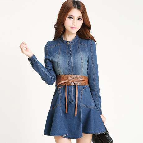 デニムワンピース  ミニワンピース シャツワンピース ミニ丈 ショート丈 ひざ上丈 スタンドカラー 長袖 フレア ベルト付き ウエストマー