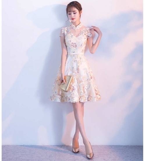 安い購入 ワンピースドレス パーティードレス 春夏 結婚式 大きいサイズ ひざ丈 半袖 Xライン チュール シフォン レース 花柄 刺繍 代 期間限定特価 Mawaredenergy Com