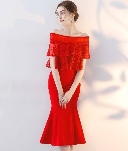 人気が高い パーティードレス オフショルダー フリル マーメイド 2色 タイト ミモレ丈 透け感 赤 大人可愛い パーティー 結婚式 二次会 お呼ばれ 日本公式品