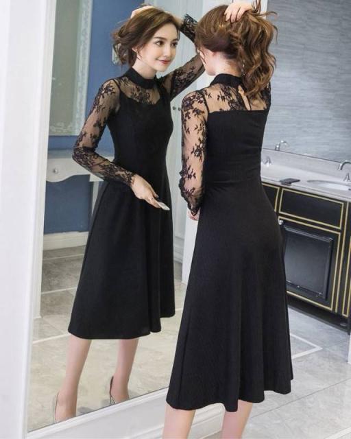 信頼 長袖 レース セミハイカラー ブラック ロング ワンピース 花柄刺繍 シンプル 綺麗 おしゃれ 可愛い 上品 清楚 デート 結婚式 二次会 現金特価 Www Endocenter Com Ua