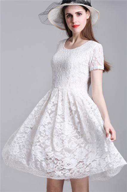 21年春夏再入荷 総レース フレアワンピース 半袖 ひざ丈 フラワーレース ドレス ラウンドネック ホワイト ワインレッド ブラック ｓ ｘｌ B 21春夏新色 Www Icamek Org