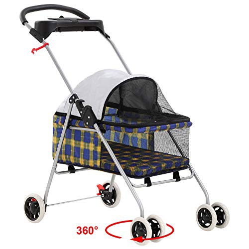 New BestPet Yellow Plaid Posh Pet Stroller Dogs Cats w/Cup Holder