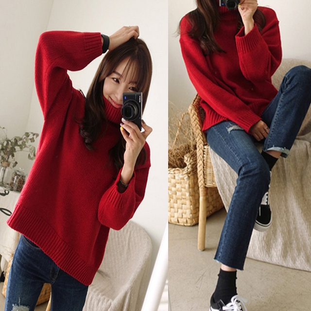 ニット セーター レディース トップス ハイネック 長袖 赤 カジュアル