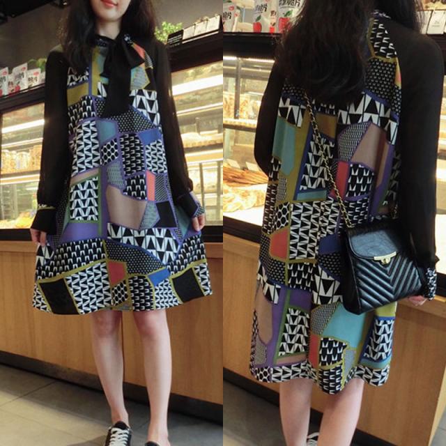 ワンピース レディース 幾何学模様ワンピース レトロワンピース 膝丈 ワンピ 長袖 リボンタイ 個性的 お洒落 大きいサイズの通販はau Pay マーケット Happy Toon Wowma店 商品ロットナンバー