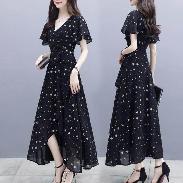 ワンピース レディース ロング丈ワンピース 星柄ワンピース Vネック 大きいサイズ ゆったり シフォン リボンの通販はau Pay マーケット Happy Toon Wowma店 商品ロットナンバー