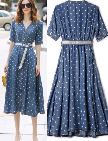 驚きの値段 ワンピース レディース ひざ下丈 デニムワンピース 星柄ワンピース スター レディース Vネック Vネック ひざ下丈 フロントボタン カジュアル Aライン メガネのウエムラ 2fe51dc3 Otomasyonburada Com