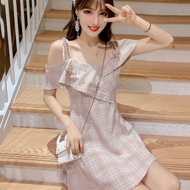 ワンピース レディース チェック柄ワンピース ミニワンピース ショート レトロ 半袖 オープンショルダー ガーリー キュートの通販はau Pay マーケット Happy Toon Wowma店 商品ロットナンバー