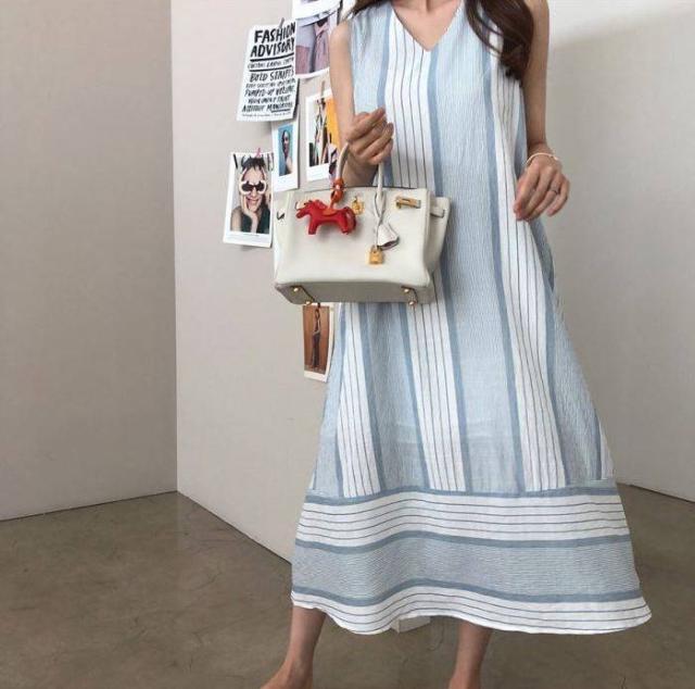 高い素材 送料無料 ミモレ丈 ロング丈 ワンピース Vネック ノースリーブ ストライプワンピース ロングワンピース ストライプ 夏 21新作モデル Farmerscentre Com Ng