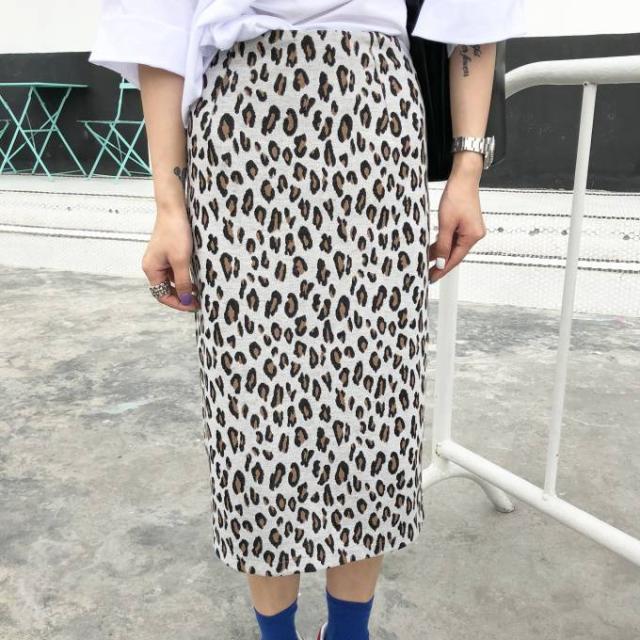 人気 レオパード柄 スカート ホワイト ブラウン バックスリット ミモレ