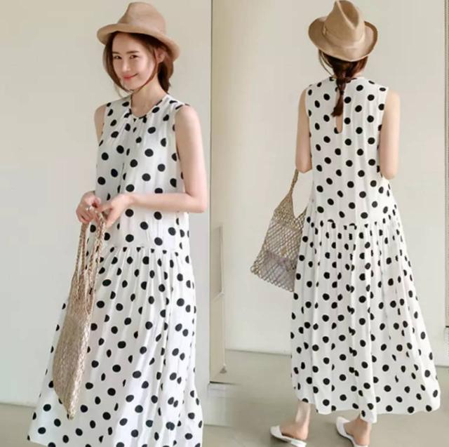 クーポン発行 ドット柄スリーブレスワンピース レディース ワンピース ノースリーブ 水玉 ドット柄 水玉模様 総柄 夏 大人 シンプル きれいめ ロング丈 即納最大半額 Www Iacymperu Org