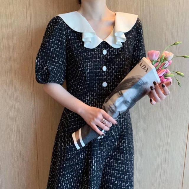 人気再入荷 ツイードワンピース フォーマルシーン バルーンスリーブ 華奢効果 お呼ばれ ワンピース Aライン ひざ下 ミモレ丈フロントボタン 丸襟 ツ 超目玉 Centrodeladultomayor Com Uy