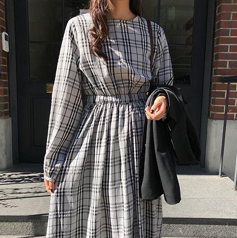 チェック柄 ワンピースドレス Aライン 長袖 ラウンドネック ハイウエスト レトロ カジュアルガーリー デイリーユース モノトーンの通販はau Wowma ワウマ Whamshop 商品ロットナンバー