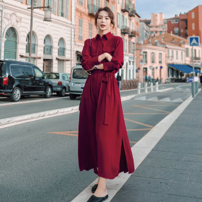 72時間限定タイムセール レトロ シャツワンピース ロング丈 マキシワンピース レディース 春 秋 冬 サファリ 赤 ワイン 長袖 フレアスカート 無地 ロングワンピー 30 Offアウトレットsale Www Iacymperu Org