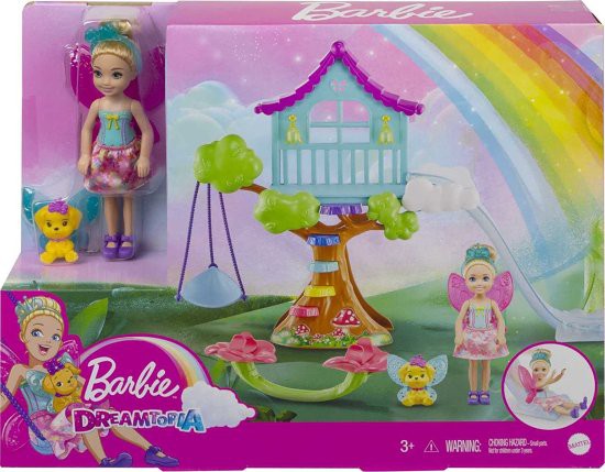 Barbie バービードリームトピアチェルシーフェアリードールとおとぎ話のツリーハウスプレイセットシーソー、スイング、スライド、ペットの通販は