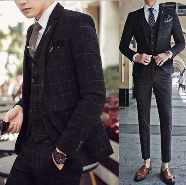 超歓迎 チェック柄スリムスーツ メンズ3点セットアップスーツ スリーピース スーツカジュアル ビジネス おしゃれスーツ黒スーツメンズ成人式結 セール30 Off Carlavista Com