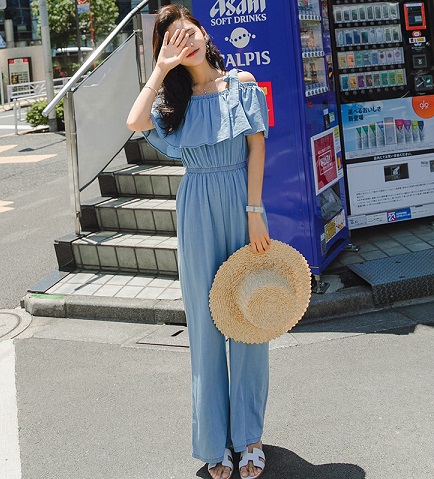 フェミニン風デニムオールインワン 大人可愛い オープンショルダー 夏 おしゃれ女子 リゾートコーデやデートコーデに の通販はau Wowma ワウマ ｄｊ ｆｒｅａｋ 商品ロットナンバー