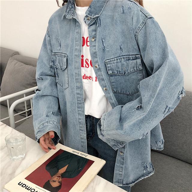 カジュアルデニムシャツ オーバーサイズ ダメージ メンズライク 無地