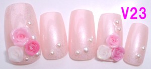 ジェルコーティング付き オーダー ネイルチップ ピンク 3d バラ パール