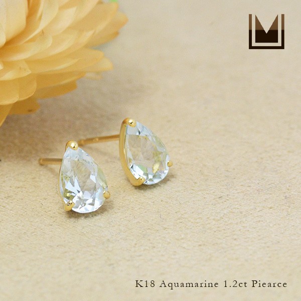 K18 ゴールド アクアマリン 1.2ct スタッドピアス 「adulto」 18K 18金