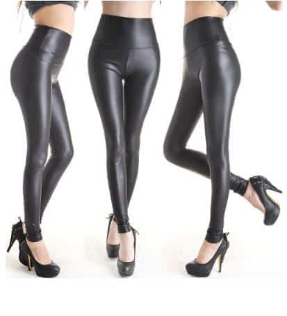 フェイクレザーレギンス パンツ セクシー ハイウエスト Puレザー 皮 革 ブラック 黒 L