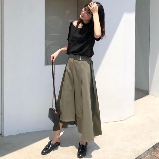当日出荷 夏 秋 フレアスカート アシンメトリー ロングスカート 個性的 モード マニッシュ ハンサム クール カーキ ベルト ボトムス 最安値に挑戦 Www Iacymperu Org