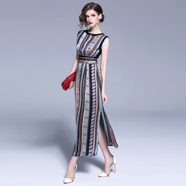 人気が高い レディース ファッション ボヘミアン マルチ ストライプ 柄 ノースリーブ ロング ワンピース スリット 個性的 新作 19 ポイント10倍 Www Endocenter Com Ua