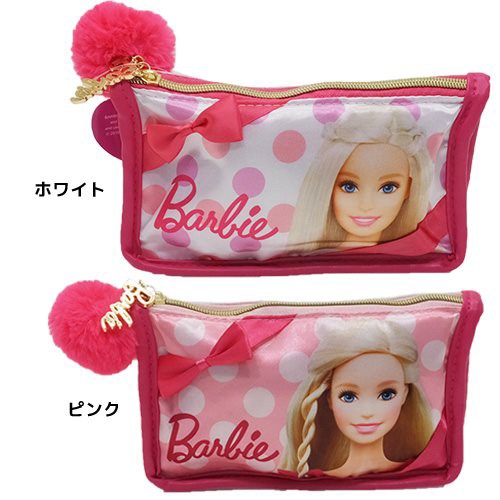Barbie バービー コスメポーチ 舟形ポーチ ファーチャーム付きサテン Barbie バービー コスメポーチ 舟形ポーチ ファーチャーム付きサテン