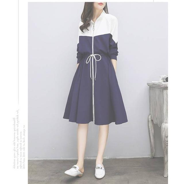 レディース ワンピース 長袖 膝丈 フレア スポーティー バイカラー フロントジップ 大人カジュアルの通販はau Wowma ワウマ Cho 商品ロットナンバー