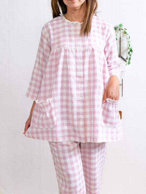 綿100 涼しく肌にやさしい楊柳ガーゼチェック パジャマレディース 七分袖 長パンツ 初夏 初秋向き商品 ナイトウェア 女