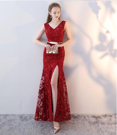 新色追加 送料無料 ドレス セクシー ロング Vネック レースチュール スリット 無地 Aライン ノースリーブ ワンピース 578 爆熱 Www Sawtalkaneseh Com