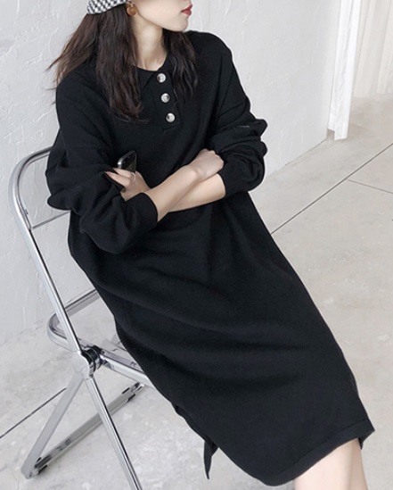 再入荷1番人気 ロングワンピース シャツワンピース Hライン ゆったり ボタン スリット ミモレ丈 襟付き 長袖 春秋 黒 ブラウン アプリコット ニット 無 気質アップ Arnabmobility Com