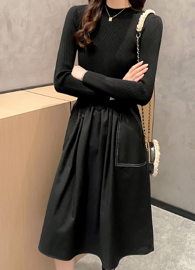 国際ブランド ドッキングワンピース 暖かい 細見え 切り替え ポケット 秋冬 ニット 普段使い お出かけ デート 黒 レッド バイカラー ラウンドネック 大 超特価激安 Carent Com Pl