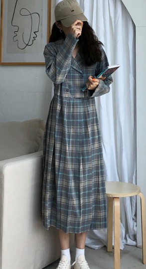 正規販売店 プリーツワンピース コットン ミモレ丈 襟付き 長袖 チェック柄 ゆったり 大人可愛い 秋冬 トレンド ブルー 10代 代 30代 お出かけ デ ポイント10倍 Centrodeladultomayor Com Uy