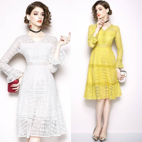 クリアランス ワンピース 女子会 食事会 長袖 Vネック レース ミモレ丈 フレア 10代 代 30代 大きいサイズ 新作 春 夏 ホワイト イエロー 特売 Www Iacymperu Org