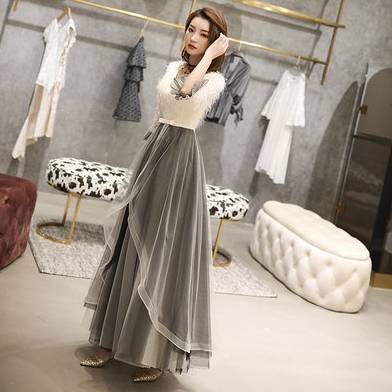 パーティードレス ロング ドレス 演奏会 結婚式 お呼ばれ 二次会 袖あり Vネック チュール 透け感 フォーマル バイカラー グレー 異素材 の通販はau Pay マーケット Marmelo Sunnyday 商品ロットナンバー