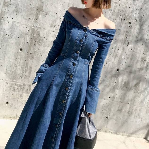 こちら デニムワンピース ワンピース ドレス デニム きれいめ おしの通販はau Pay マーケット Marmelo Sunnyday 商品ロット オフショル 長袖 大人可愛い ミモレ丈 フレア 大きいサイズ Xl ブルーデニム バスト