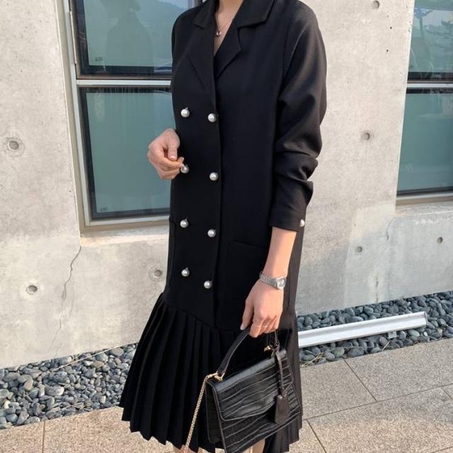 セール価格 公式 ワンピース ロング ミモレ丈 長袖 レトロ ワンピ おしゃれ 部分 プリーツ 切り替え デザイン 秋 冬 黒 無地 ジャケット風 ダブルボタン 100 の保証 Carlavista Com