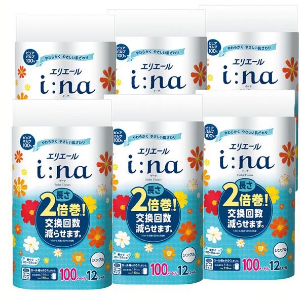 6個セット エリエール イーナ トイレットペーパー 2倍巻き 100m 72ロール 12ロール 6パック シングル パルプ