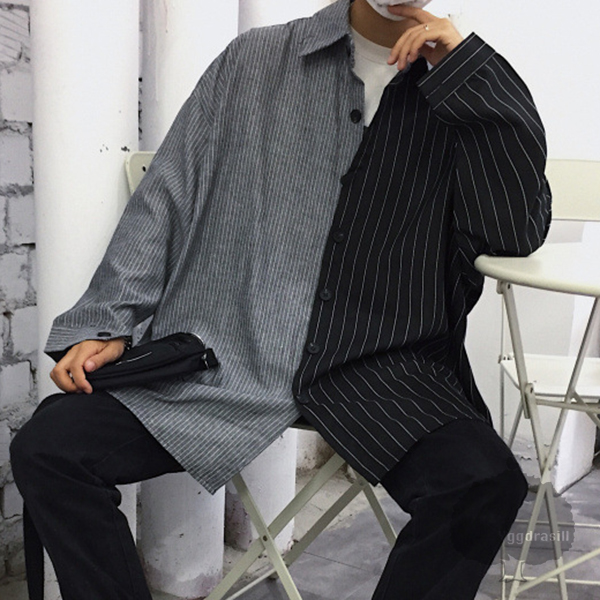 オーバーサイズ ストライプ 長袖シャツ バイカラー 黒 グレー メンズ