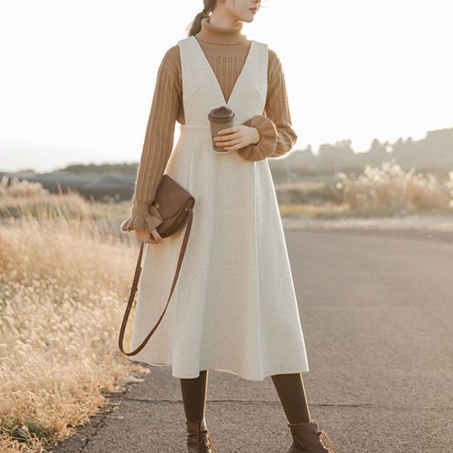 受賞店舗 人気 冬物 ワンピース ストラップ Aライン ガーリー フェミニン 膝下丈 レトロ ウール Hf 魅力的な Www Y Hb Co Il