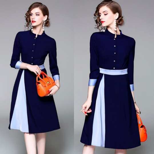 英国風ワンピース バイカラー ネイビー ブルー ワンピース 白ボタン クラシック ひざ丈 膝丈 着痩せ フォーマルシーンの通販はau Wowma ワウマ Aio 商品ロットナンバー