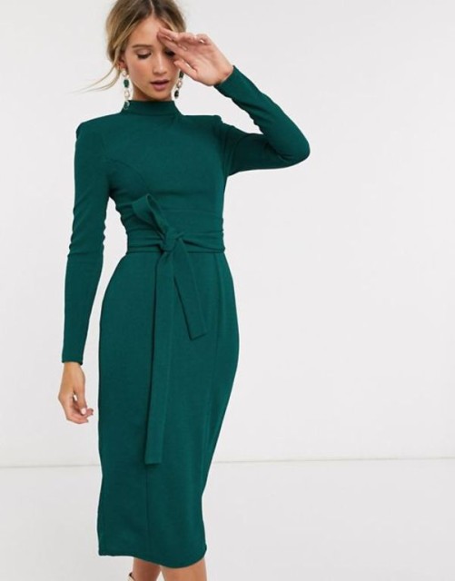 エイソス レディース ワンピース トップス ASOS DESIGN long sleeve midi dress with obi belt in green Antique green