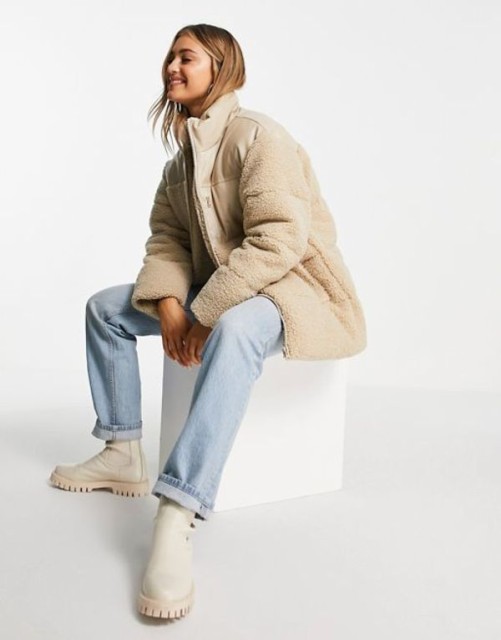 エイソス レディース ジャケット・ブルゾン アウター ASOS DESIGN faux leather patched fleece puffer jacket in nude Beige