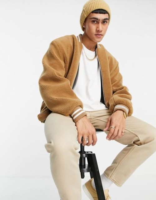 エイソス メンズ ジャケット・ブルゾン アウター ASOS DESIGN oversized fleece bomber jacket in camel Camel