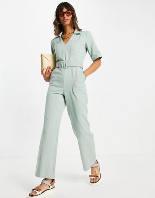 エイソス レディース ワンピース トップス ASOS DESIGN twill short sleeve zip front buckle fit and flare jumpsuit in sage green Sag